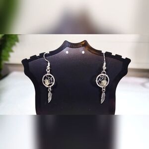 Silver Tone Dream Catcher Statement Dangle Earrings / Pierced